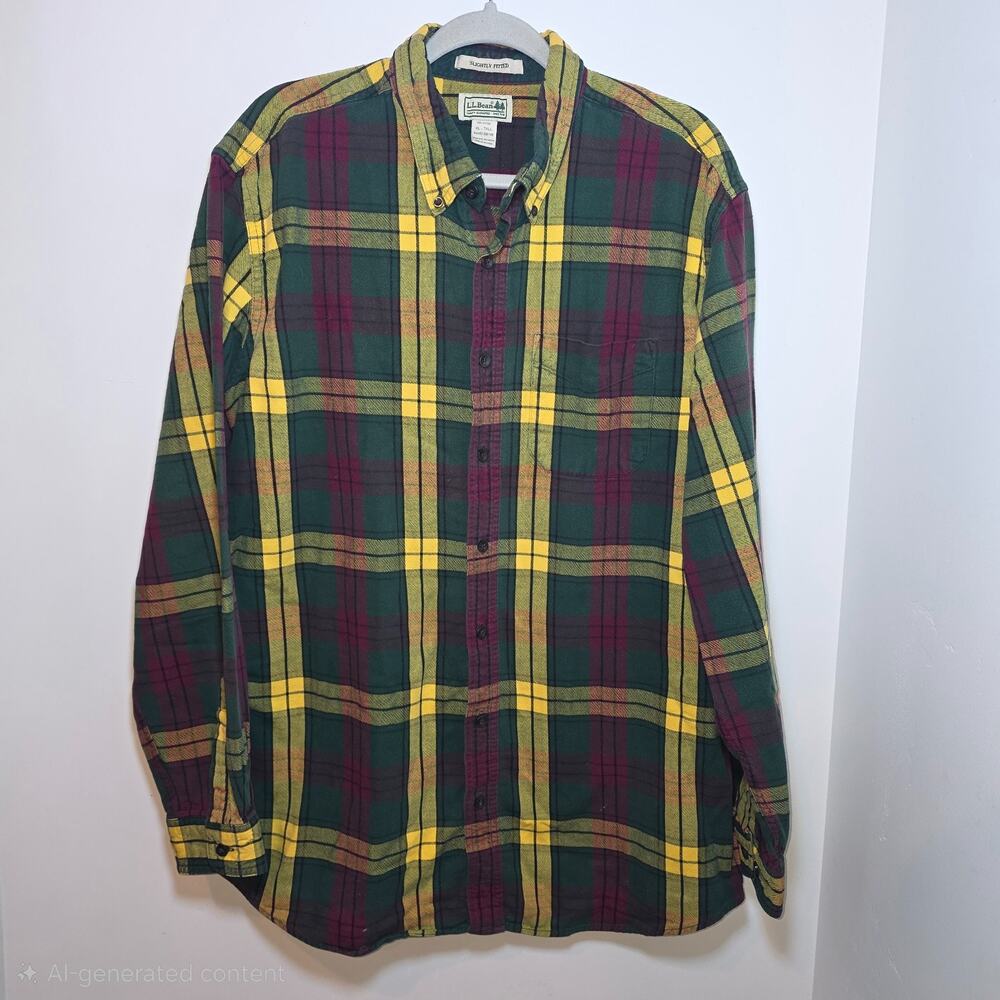 LL Bean Men’s XL Tall Yellow Red Green Scotch Plaid‎ Slightly Fit Flannel Shirt